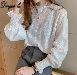 Dingaozlz Vintage style lace shirt Flare sleeve Hollow out White blouse Casual clothing New fashion Women lace Tops Blusa Y2008286023466