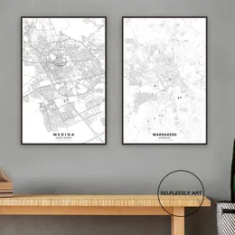 Mapa świata w Paris Milan Los Angeles Wall Art Black and White Plakat