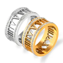 Männer Frauen ausgehöhlten römischen Ziffernbandringe Edelstahl 18 Karat Gold Silber Kristall Diamant Klassischer Ring 10 mm Breite