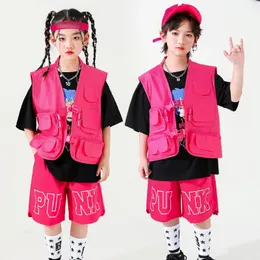 子供ジャズモダンダンスレイブ服ローズレッドルーズベストヒップホップショーツスーツガールズヒップホップダンスパフォーマンスDQS12818