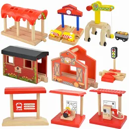 Wooden Crane Tower Railway Track Accessories Tunnel Cross Bridge Lumberyard Train Cross Road Wood Brick Fit Biro For Childern