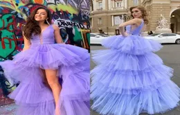 Chic Lavender High Low Prom Dresses With Deep V neck Beadings Tiered Layers Tulle Girls Pageant Gowns Vestidos Sexy Back Party Dre9150756