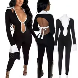 Sexy Jumpsuit Onepiece Womens Patchwork Hollow Out Jumpsuits For Women 2024 New Fashion Tights Deep V Backless Streetwear Skinny Romper Bodysuit