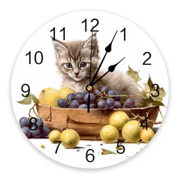 Kitten Fruit Grapes Wall Clock Large Modern Kitchen Dinning Round Wall Clocks Bedroom Silent Hanging Watch