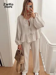 Casual Ruffle Lace Up Shirt Womens Suit LongSleeved HighWaist WideLeg Pants 2024 Spring Lady 2 Piece Set 240329