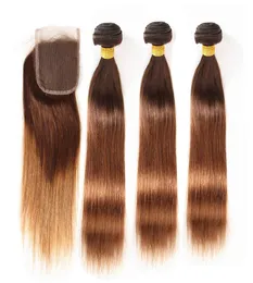 430 Brown Roots Ombre Straight Brazilian Human Hair Bundles with Closure Brown to Medium Auburn Ombre 3Bundles with 4x4 Lace Clo2746146