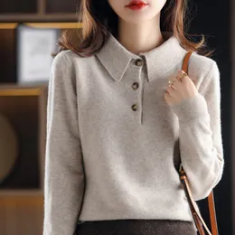 2023 New Cashmere Sweater All-Match Knitted Pullover Fall/Winter Lapel Base Shirt 100%Pure Wool Plus Size Warm Women's Loose Top