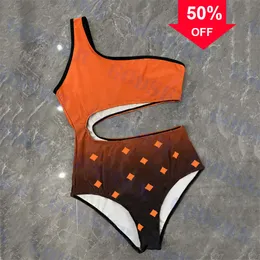 Oferty nowe projektant mody hurtowe damskie stroje kąpielowe seksowne bikini stroje kąpielowe pomarańczowe stroje kąpielowe Lady Jacquard marka pusta bikini kobiety jedno ramię bodysuit pływa