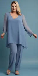 Mutterkleider Mutter des Brautkleides Formale Hosenanzüge Langarm Chiffon Custom Plus Size New Two Stücke V-Ausschnitt Hellblau