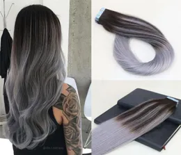 100 Unprocessed Tape in Human Hair Extensions Omber Sliver Grey Skin Weft Tape on Hair Extensions 8A Thick Ends Balayage Tape ins6798898