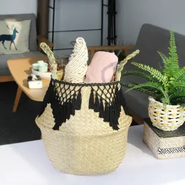 Wicker Basket Woven Seagrass för Plant Pot Organizer Tvätt Picknickkorg för badrum husdjur leksaker Panier Osier Seagrass Basket