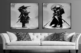 2pcsset czarno -biała japońska samuraja portret sztuki ścienne malowanie japońskich wojowników ściennych mural plakaty na żywe RO1558332