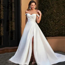 Sodigne Sexy Satin قبالة فساتين الزفاف الكتف مع الجانب المقسم حبيبته A-Line White/Ivory Bridal Vestidos de Novia