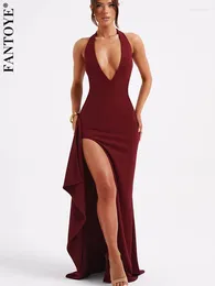 Casual Dresses Fantoye Sexy Deep V-neck Women Maxi Dress Black Backless High Slit Evening Femme Spring Skinny Elegant Party Clubwear 2024