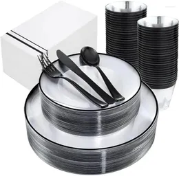 Disposable Dinnerware 350PCS Clear And Black Plastic Plates - Set For 50 Guests Include Dinner
