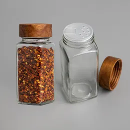 6st Bamboo Cover Glass Säsongsburkar Transparent Square Sässmakflaskan Pepper Storage Spice Organizer Kök Tillbehör