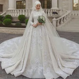 Stevditg Perlen Kristall Hochzeit Mode hohe Nacken Langarm Applikationen Perlenkapelle Zugkugel Kleid Braut Kleid