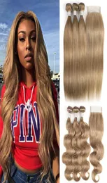 Kisshair Color 8 Brown Ash Blonde Brazilian Wave Wave Wave Straining Hair Bundles مع إغلاق 100 تمديد للشعر البشري 4714602