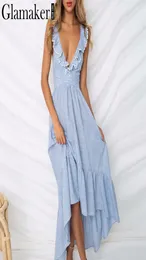 Glamaker Ruffle Lace Up Blue Sexy Dress Women Backless High Waist Down Maxi Dress Beach Winter Dress 2018 Wondidos Sundress9589764