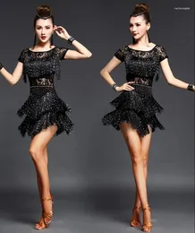 Stage desgaste garotas Modern Ballroom Latin Dance Dress Tassel Fringe Salsa Tango Black Performance
