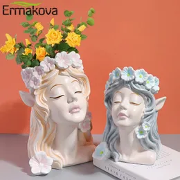 Ermakova 북유럽 수지 꽃병 꽃 요정 천사 인간 머리 초록 반 신체 배열 인간 얼굴 현대 가정 장식 240329