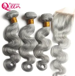 Grey Color Body Wave Ombre Brazilian Virgin Human Hair Wetfles Weave Extension 3 szt. Z 4x4 Lace Closure Dreaming Queen Hair62227219