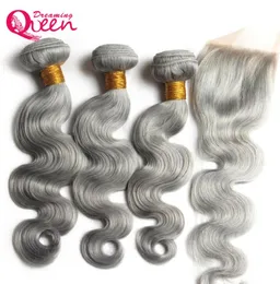 Onda del corpo colore grigio onda ombre brasiliana virzoni violi fasci di capelli umani tessitura di 3 pezzi con chiusura di pizzo 4x4 sogno regina capelli 62227219