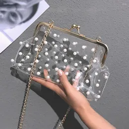 Axelväskor Fashion Bag Pearl Beaded Crossbody Wild Transparent Jelly Chain for Women Small Square Bolsa Feminina