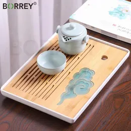 Bandejas de chá Borrey Wooden Chinese Bandeja Drena de água Armazenamento de água Table Coffee Kettle Toapot Calheres