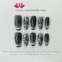 Handmade Luxury Press On Nails Cat Eye Full Cover Coffin Head Manicuree Decoration Wearable With Design Acrylic Nail For Girls 240328