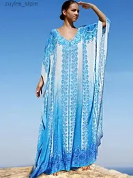 Basic Casual Dresses Blue Kaftan Causal Printed Sexy V Neck 2024 Summer Women Beach Wear Cotton Tunic Oversize Bat sleeve Maxi Dresses Q774 L49