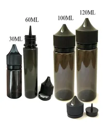 Billiga 30 ml 50 ml 60 ml 100 ml 120 ml Pet Gorilla Svart flaska Plastdroppar Tomma flaskor med barnsäkra mössor för E Cig Förångare P5791260