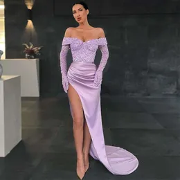 2023 New Purple High Side Split Satin Mermaid Evening Dresses Sequined Off Shoulder Long Sleeves Dubai Women Formal Prom Gowns