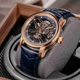 Wristwatches OBLVLO Luxury Rose Gold Blue Leather Belt with Mens Hollow Automatic Transparent Mechanical Orologio Leather UomoKM-S