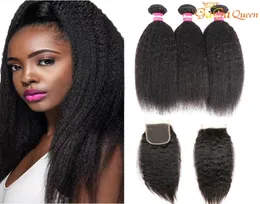 Malaysian Kinky gerade Haarbündel mit Verschluss 3 Bündel Malaysian Human Hair Extensions Yaki gerade mit 4x4 Spitzenverschluss3190988