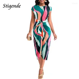 Partykleider Stigende Riched Schnüre up lous Fit Drucken Kleid Frauen lässig O Hals Bodycon Verband Midi