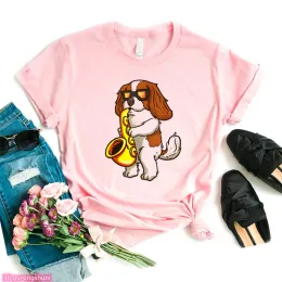 نساء جديدات Tshirt Cavalier Pression Print T-Shirt Women King Charles Spaniel Tshirt Femme Dog Lover Kawaii Clothes Harajuku Shirt