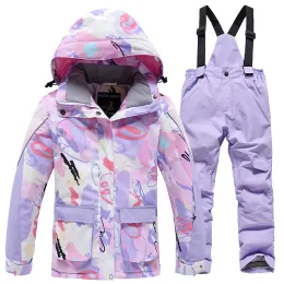 Pantaloni Colors Stume da neve per bambini Indossa un costume da calore Waterrooff Waterproof Snowboard Giane da sci inverno + pantaloni cinghiali ragazzi e ragazze