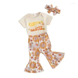 Clothing Sets Toddler Baby Girl Clothes Letter Print Short Sleeve Romper Flower Flare Pants Heaband Summer Outfits Set Drop Delivery K Ot5Ty