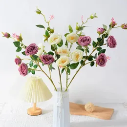 Fiori decorativi ramo di fiori simulato 6 testa rosa artificiale con foglie verdi del gambo per arredamento per feste di nozze casalingo in finto interno