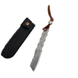 High Quality Small Damascus Fixed Blade Knife VG10 Damascus Steel Tanto Point Blades Full Tang Bamboo Handle With Leather Sheath3863265