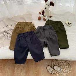 Byxor Autumn Winter Children Retro Solid Plus Velvet Thick Casual Pants pojke spädbarn fleece varma byxor tjej baby byxor barn kläder