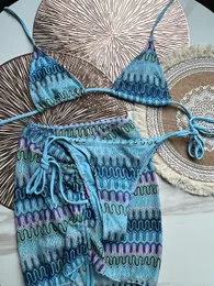 Paris Fashion Knitted Trzyczęściowy zestaw bikini luksusowe spódnicę pasiaste garnitur projektantek kostium kąpielowy Kobiety seksowne stroje kąpielowe push upnie garnitury marki Niepadane trikini