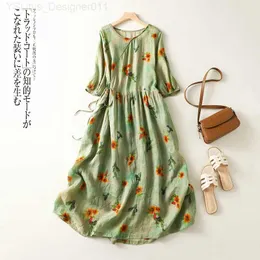 Basic Casual Kleider Limiguyue Literary Blume bedruckte Baumwollwäsche Kleider Womens Vintage Elegant Dünn A-Linie Sommerkleid lose weiche lange Vestibus E444 C240411