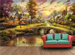 壁紙カスタムPO 3D壁紙不織布の手描きの村の森林の風景油絵の壁の壁画
