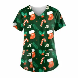 2022 Women's Scrub Top Care Workers T-shirt Tops Short Sleeve V-neck Pocket Workwear Top Christmas Nurse Uniform Clinic Blouse