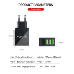 3 Portowa ładowarka USB Szybka ładunek 3.0 TELEFONAL CHARED ZA DASKA LED dla Samsung Xiaomi Huawei UE/US Plug Szybka ładunek