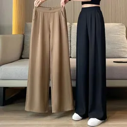 Frauen mit weiten Beinhosen mit Taschen Einfacher Farbe Entspannter Fit Casual High Taille Straight Hosen Büro tragen 240411
