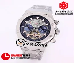 New 26343 A2813 Automatic Mens Watch Skeleton Tourbillon Blue Dial Black Inner Stainless Steel Bracelet Luxury Watches SwissT9548192