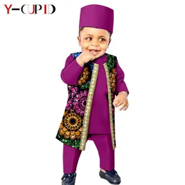 African Boy Clothes Children Outfit Bazin Riche 4 Pieces Set Print Vest + Tee + Pant + Cap Kids Suits Agbada Outwear Y234005